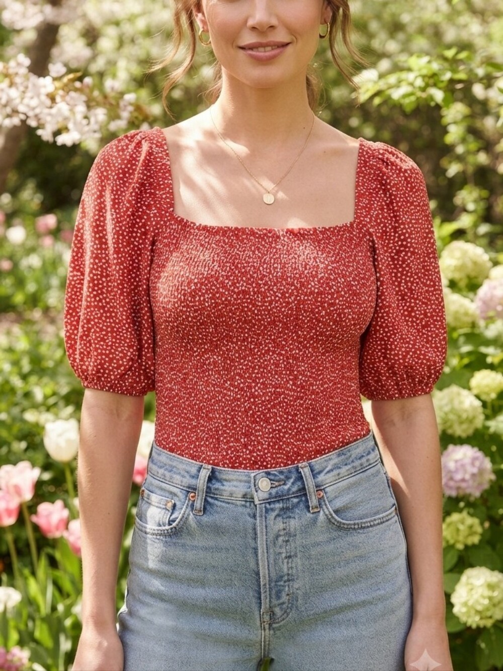 LOFT Dotted Smocked Square Neck Puff Sleeve Blouse M